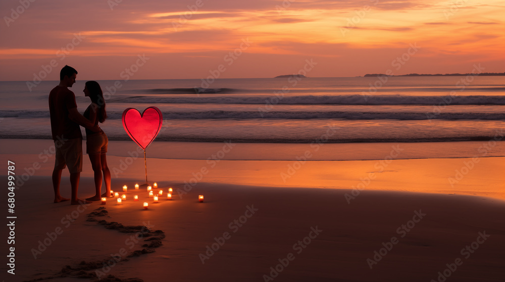 a heart shaped sign on a beach with candles
