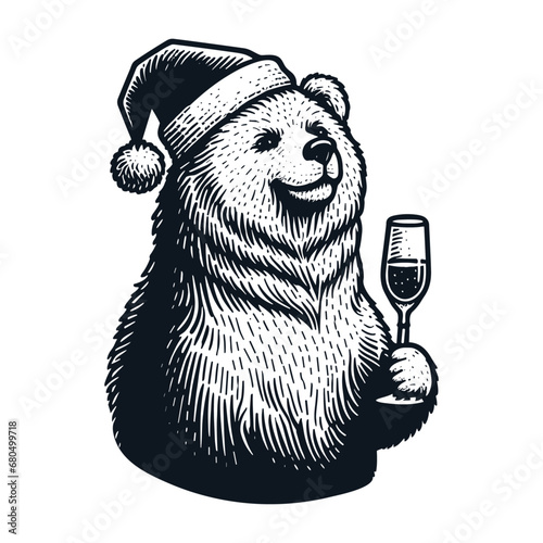bear wearing a Christmas hat and holding a glass of champagne sketch