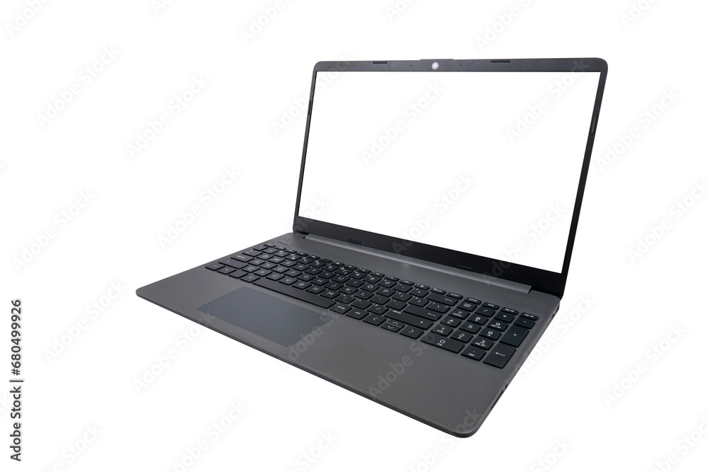 Modern slim laptop in gray color with a blank screen (close-up) on a transparent background. Modern information technologies Modern slim laptop in gray color with a blank screen (close-up) on a transparent background. Modern information technologies