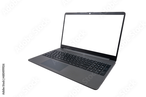Modern slim laptop in gray color with a blank screen (close-up) on a transparent background. Modern information technologies