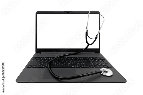 Laptop with a blank screen and a medical stethoscope on a transparent background. Medical consultation concept