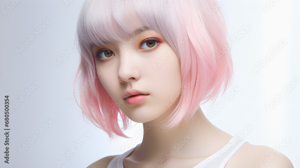 Portrait of Japanese young woman in yume kawaii style, dreamy style in pink colors.