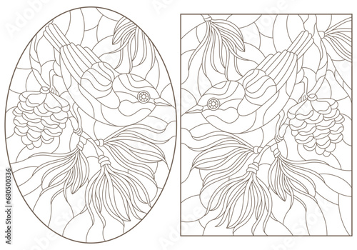 A set of contour illustrations of stained glass windows with birds on fir branches, dark contours on a white background