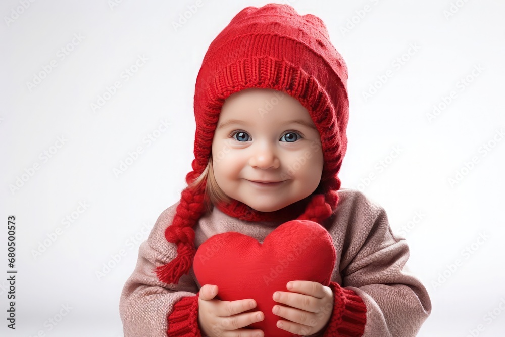 Adorable baby with red wool hat and heart perfect for Valentine's Day Adorable baby with red wool hat and heart perfect for Valentine's Day