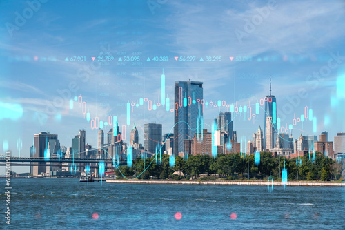 Brooklyn and Manhattan bridges with New York City financial downtown skyline panorama at day time over East River. Forex graph. The concept of internet trading, brokerage and fundamental analysis