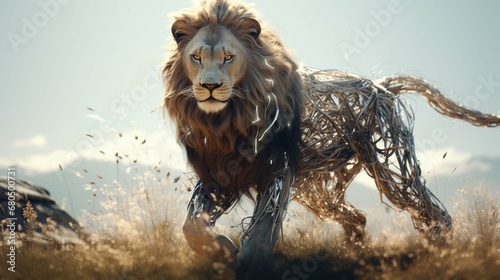 A large, powerful lion was striding powerfully across the prairie, surrounded by an open meadow and trees dotted with flowers, diamond wire photography, photo