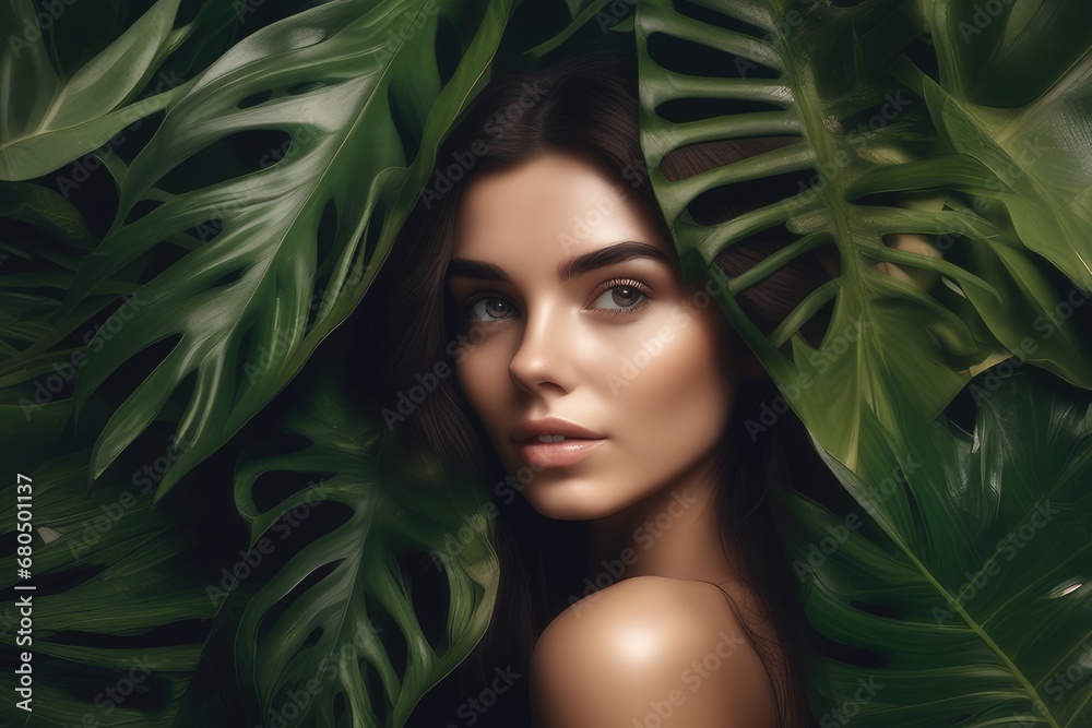 Portrait of beautiful young woman surrounded by tropical leaves. Beauty, fashion Portrait of beautiful young woman surrounded by tropical leaves. Beauty, fashion