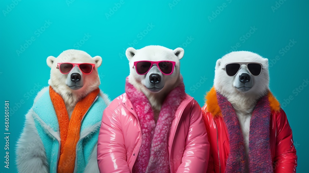 a group of polar bears wearing sunglasses and coats