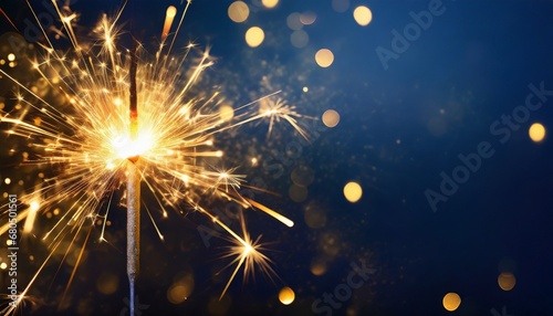 Sparkler burning bright with shiny sparks. Dark blue festive background. Happy New Year concept.