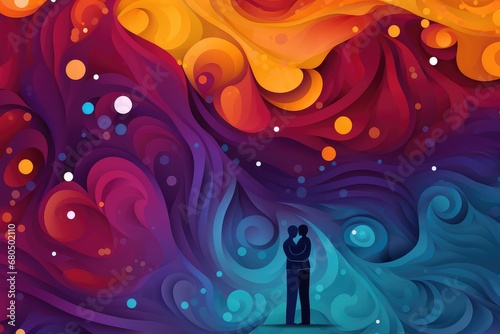Gay Couple in love hugging on abstract colorful background. Abstract background for National Hugging Day or Valentine