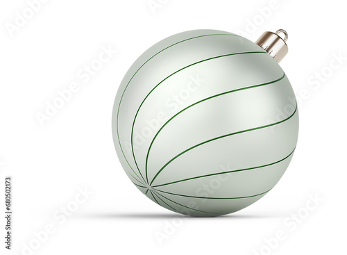 Green and silver stylish Christmas ball turned to right. New Year tree toy decoration Isolated on transparent background. 3D render