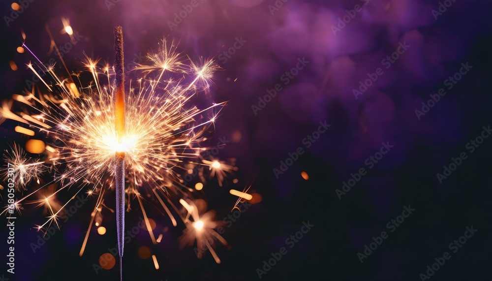 Sparkler burning bright with shiny sparks. Dark purple festive background. Happy New Year concept.