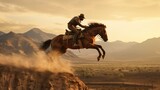 Amidst a wild west landscape, a rider and horse put on a breathtaking show of agility and control.