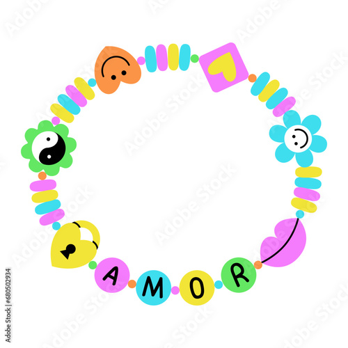 BFF colorful 90s pop art style vintage bracelet. Best friends forever beaded accessory design with Love word in Spanish. EPS 10 vector retro elements design