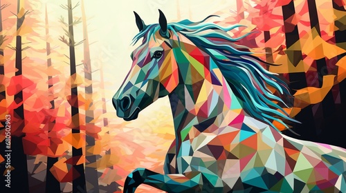 an abstract representation of the amazing forest horse, using a blend of geometric patterns and ethereal colors.