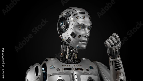 Very detailed humanoid cyborg or futuristic robot man looking at his arm. 3d rendering animation of the upper body isolated on black background with alpha