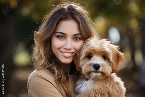 beautiful young woman holding cute brown dog outdoor. 