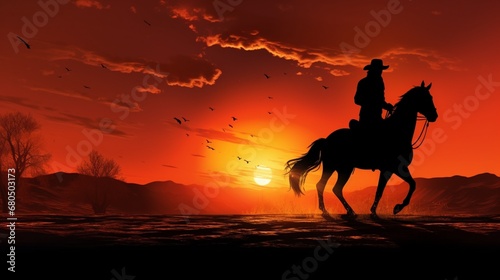 an artistic silhouette of a horse and rider against the setting sun.