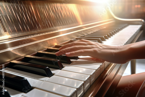 Close up of piano key with woman pianist hands playing at modern concert hall. Concert concept of performance and musical instruments.