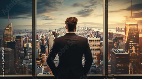 Back View of the young businessman in suit, holding hands in pockets, look for big city view by window