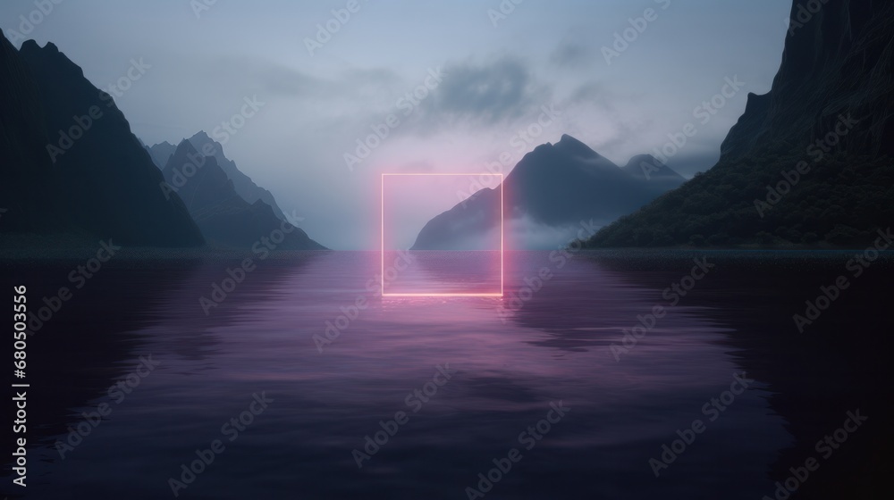  A neon square hovering over the middle of a lake with mountain in the back in a minimalistic setting 