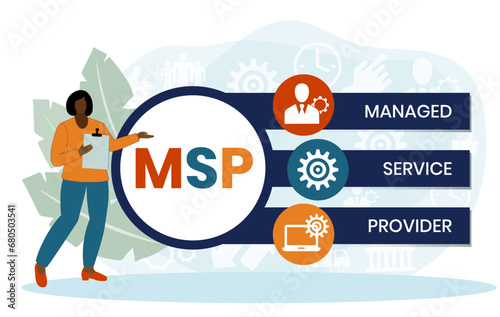 MSP, Managed Service Provider acronym. Concept with keyword and icons. Flat vector illustration. Isolated on white