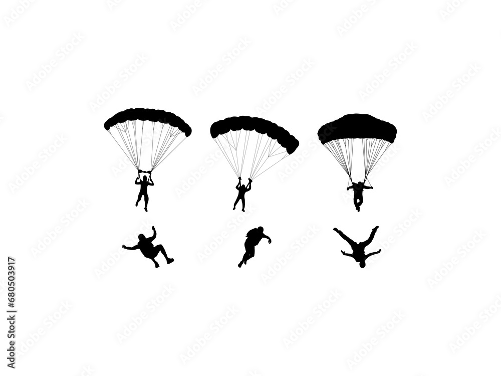 Set of Skydiver Silhouette in various poses isolated on white background - obrazy, fototapety, plakaty 