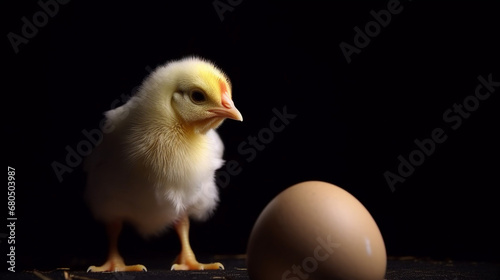 little chicken and egg shell on a black background.Generative AI