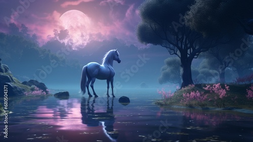 an ethereal landscape with the amazing forest horse as the centerpiece, bathed in soft, enchanting moonlight. photo