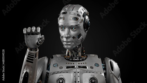 Very detailed humanoid cyborg or futuristic robot man looking at his arms. 3d rendering animation of the upper body isolated on black background with alpha