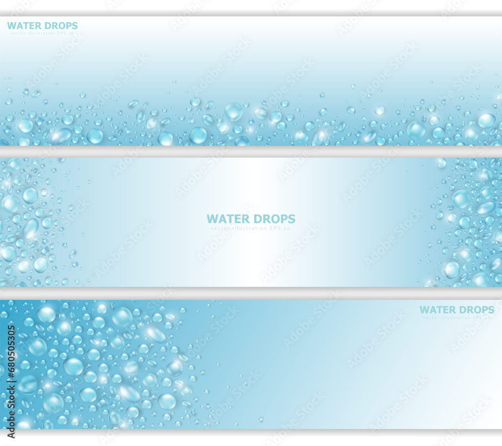 Template of 3 blue panoramic banners with realistic  pure water drops frame and space for text. Headers with 3d shiny dew, water blobs. Blank billboards with rain droplets or aqua splashes overlay