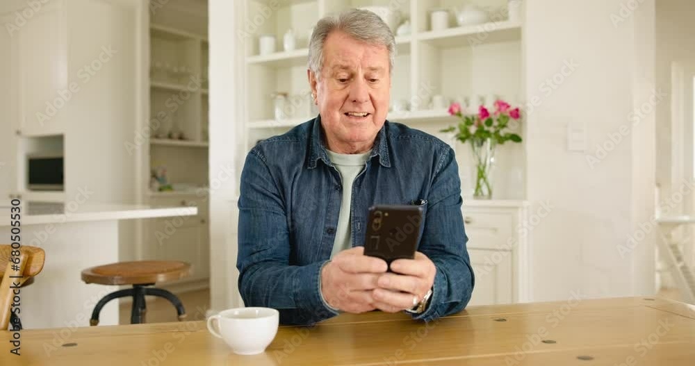 Phone, texting and senior man on social media with smartphone connection to internet, online and mobile app. Chatting, reading and elderly person search or browse news update on website in a home Phone, texting and senior man on social media with smartphone connection to internet, online and mobile app. Chatting, reading and elderly person search or browse news update on website in a home