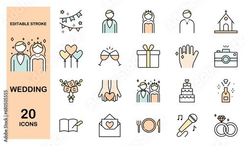 Colorful icon set of wedding party
