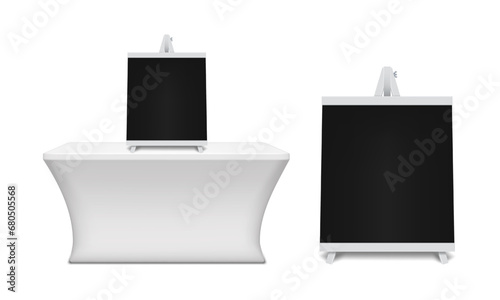 Wooden sandwich black board realistic vector mockup. Blank A-frame chalkboard mock-up. Outdoor sidewalk sign. Menu display stand. Template for design