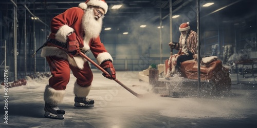 Santa is playing hockey in the warehouse.