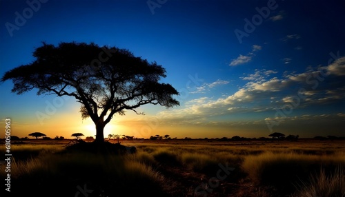 Alone tree on the left in the savanna against a black silhouette background of a stunning sunset.