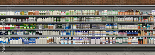 Milk in long open fridge at supermarket. This Mockup and illustration is suitable for presenting new MILK design bottles and packagings among many others. photo