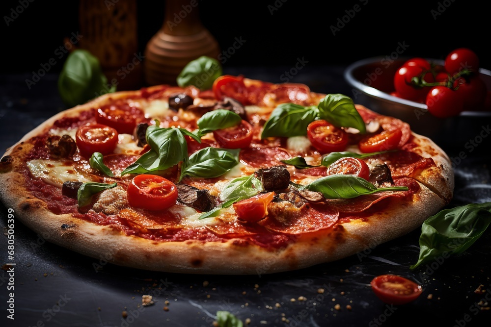 Delicious fresh pizza served on black stone table