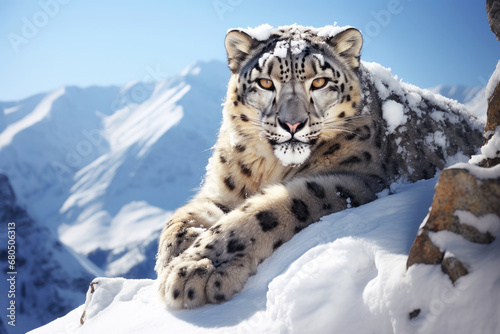 Beautiful snow leopard aganist snow mountans photo