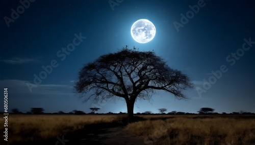 Alone tree on the left in the savanna against a black silhouette background of a stunning moon light scenery. © CreativeStock