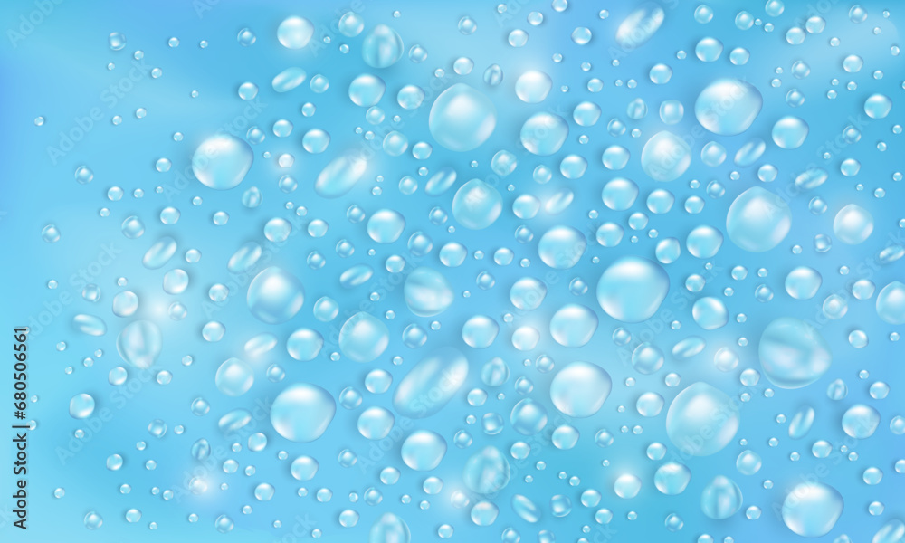 Realistic water drops or dew background. Template of soft blue banner with condensation texture or rain droplets overlay. Aqua fresh wallpaper with 3d collagen hydration puddles or water bubbles