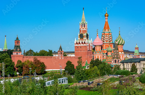 Cathedral of Vasily the Blessed (Saint Basil's Cathedral) and Spasskaya Tower on Red Square, Moscow, Russia
