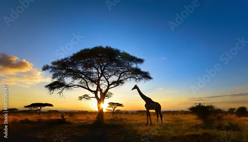 Alone tree on the left in the savanna against a black silhouette background of a stunning sunset.