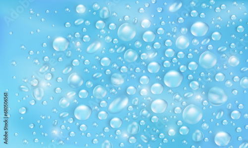 Realistic water drops or dew background. Template of soft blue banner with condensation texture or rain droplets overlay. Aqua fresh wallpaper with 3d collagen hydration puddles or water bubbles