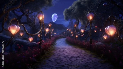 A moonlit garden with illuminated heart-shaped lanterns, casting a romantic glow on a path of love.