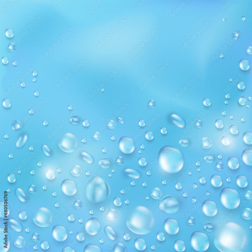 Template of blue banner with realistic pure water drops frame and empty space for text. Wallpaper with 3d shiny dew, water blobs. Square backdrop with rain droplet or aqua splashes and water texture