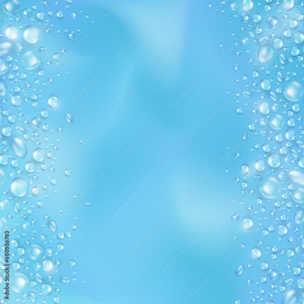 Realistic water drops or dew background with blank space for text. Template of soft blue empty square banner with condensation texture or rain droplets. Aqua fresh card with 3d water bubble frame