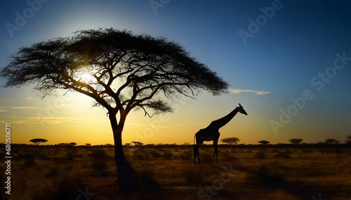 Alone tree on the left in the savanna against a black silhouette background of a stunning sunset. © CreativeStock