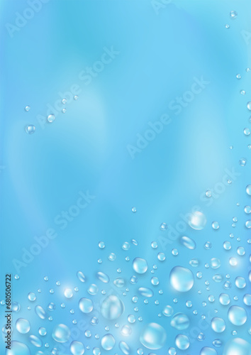 Soft blue blank wallpaper with realistic 3d pure water drops or condensation on surface. Vertical banner with rain droplets or dew pattern as frame. Aqua fresh banner with collagen or water texture