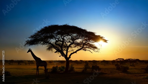 Alone tree on the left in the savanna against a black silhouette background of a stunning sunset.